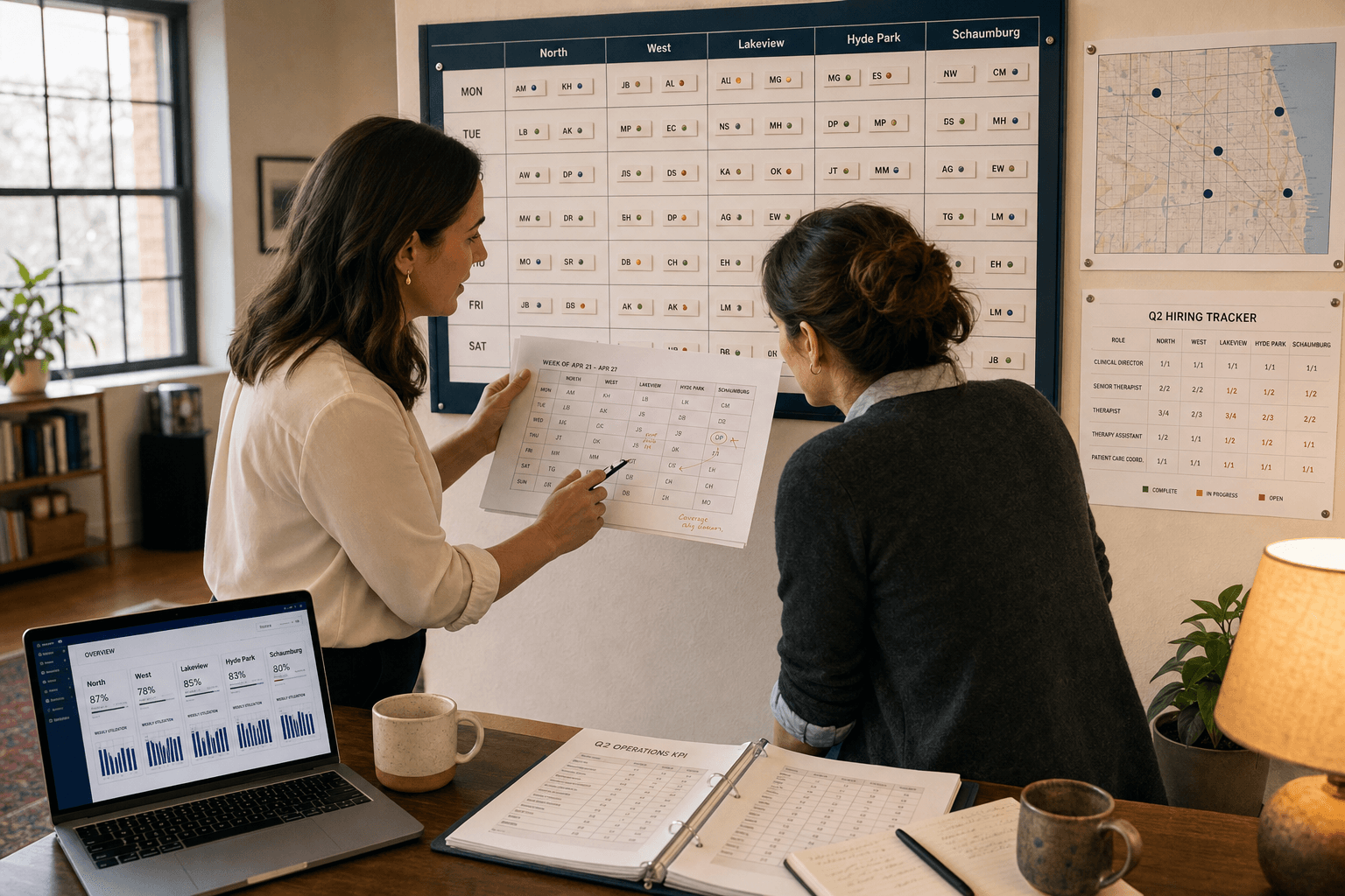Multi-clinic CEO + clinical director at a wall-mounted coverage planning board, 4–5 location names visible, mid-conversation.